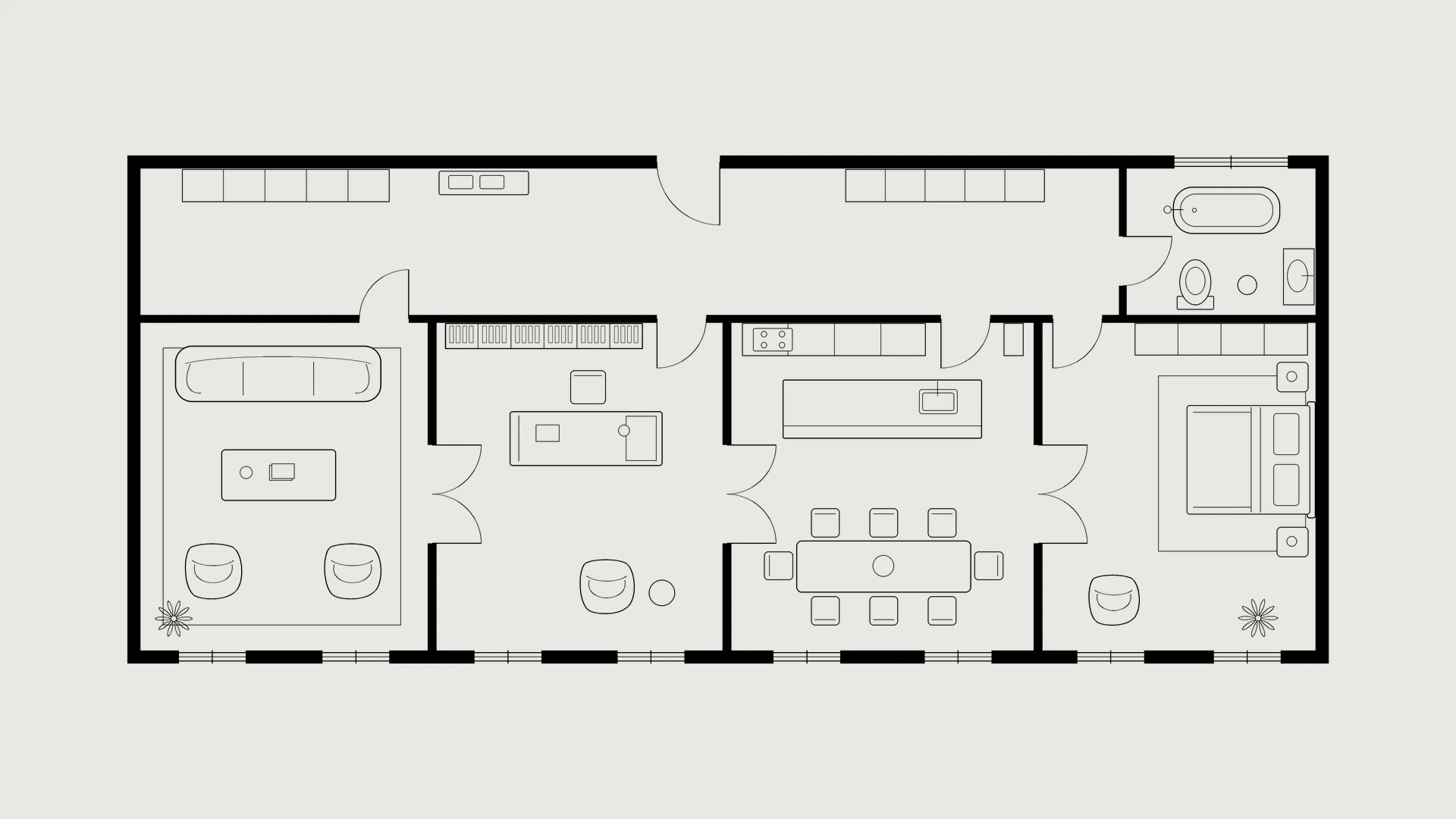 Floor plan of a Berlin apartment with four connected rooms, a long entrance hall and a bathroom with a freestanding bathtub.