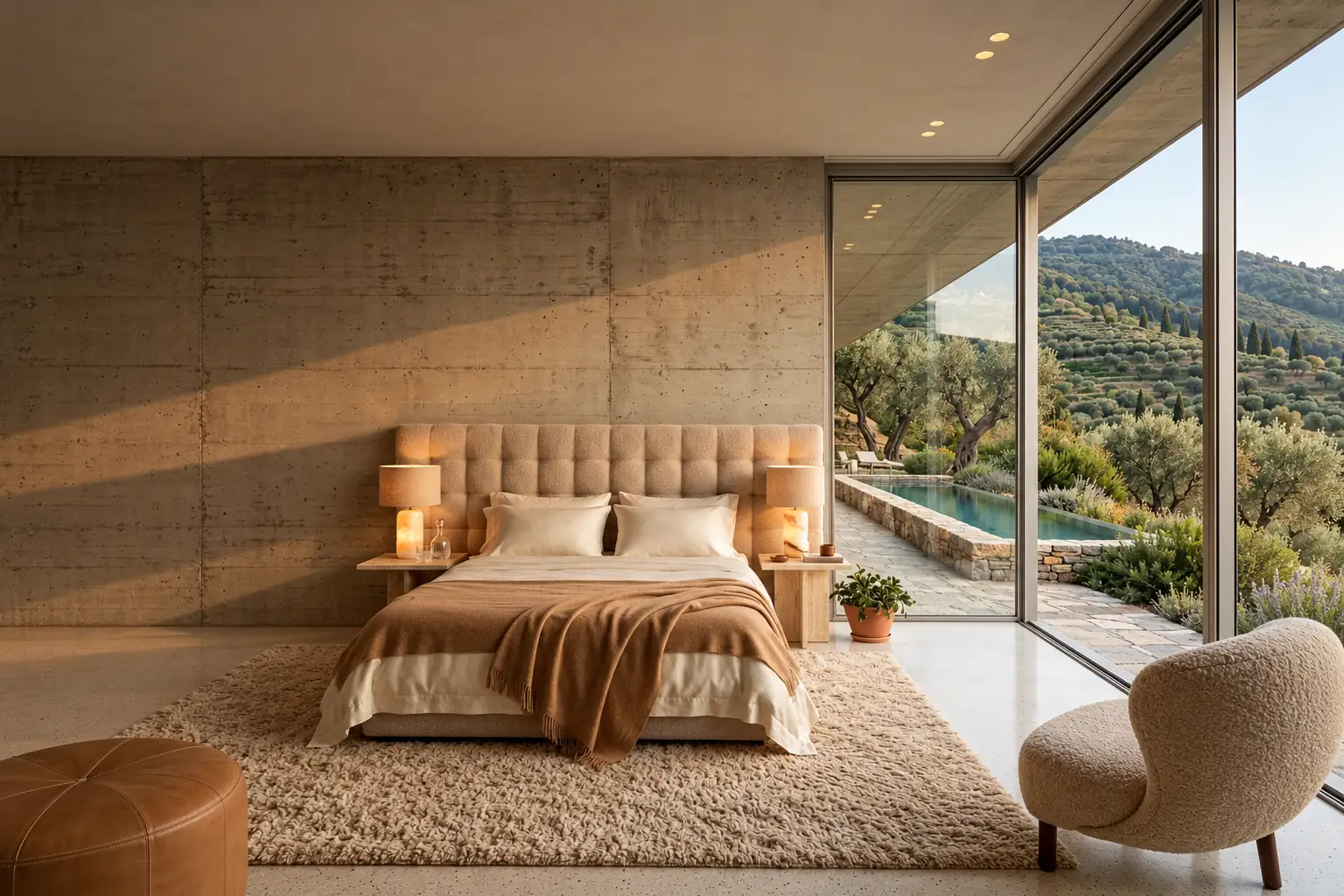 Bedroom with a tufted headboard, exposed concrete wall and corner glazing overlooking a stone-lined pool and terraced olive groves.