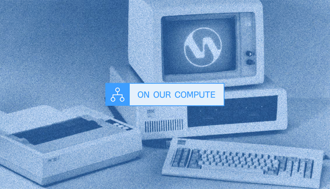 A vintage computer setup including a CRT monitor displaying a logo, a desktop unit, a keyboard, and a floppy disk drive, all in a blue monochrome tone with a floating label reading 'ON OUR COMPUTE' accompanied by a network-like icon.