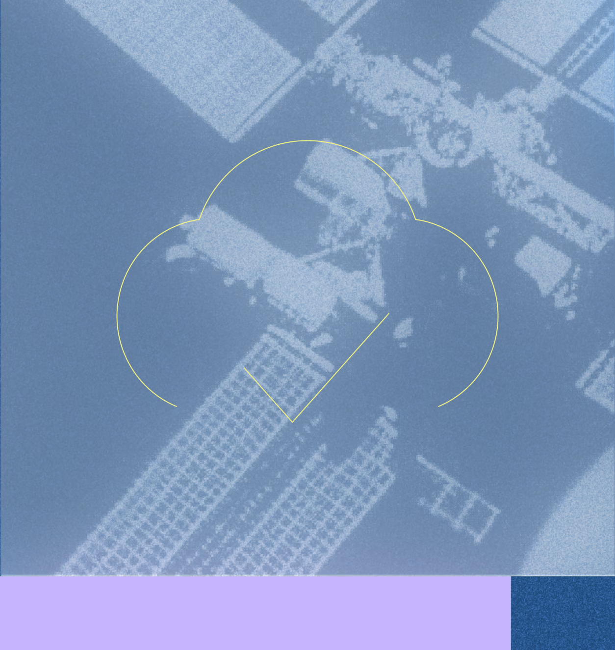 A stylized digital blue background with an aerial view of buildings and infrastructure overlaid by a light yellow cloud shape containing a checkmark inside.