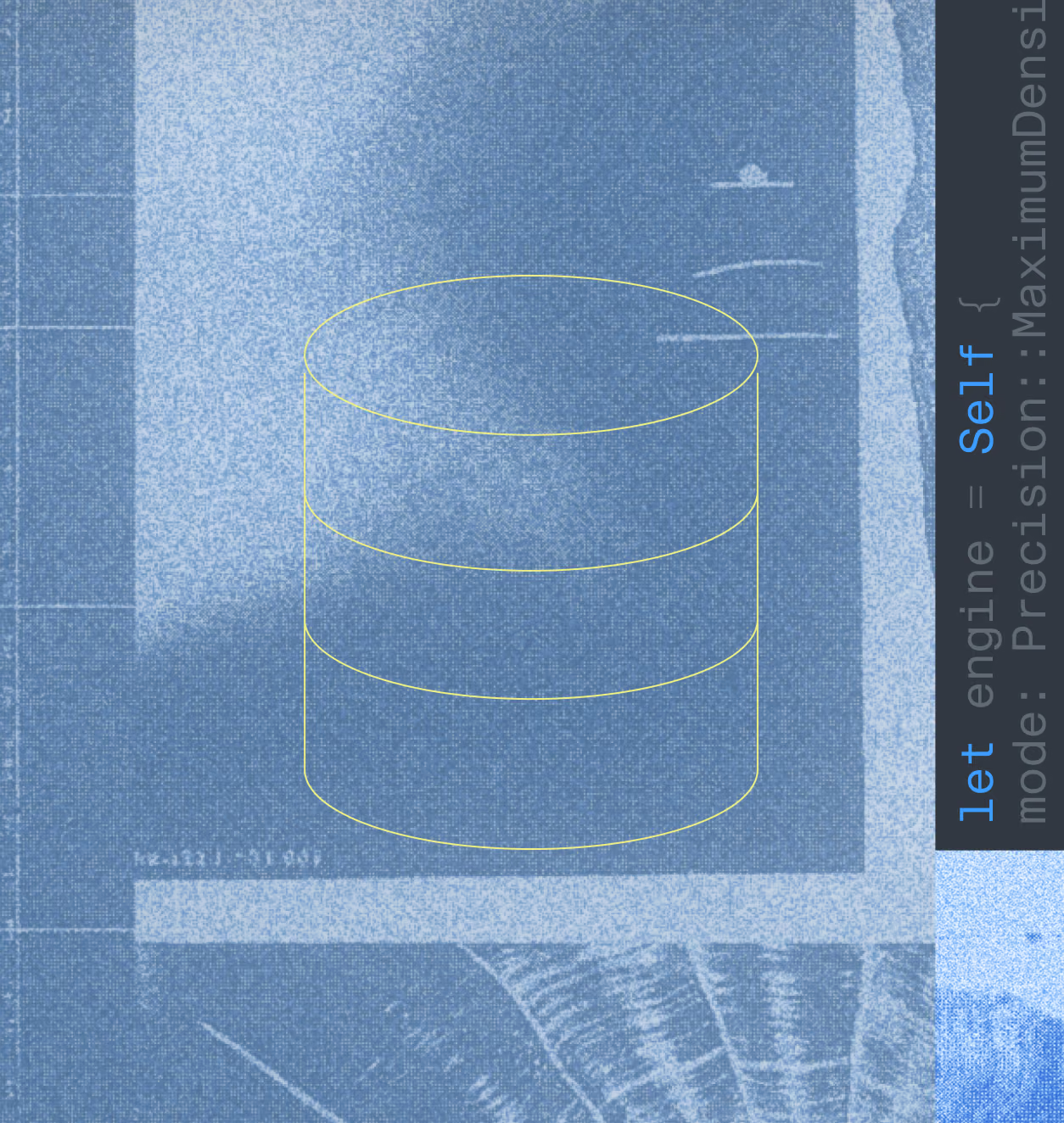 Blueprint-style design featuring a faint sketch of a cylindrical database symbol in yellow lines on a blue textured background with partial JavaScript code on the right side.