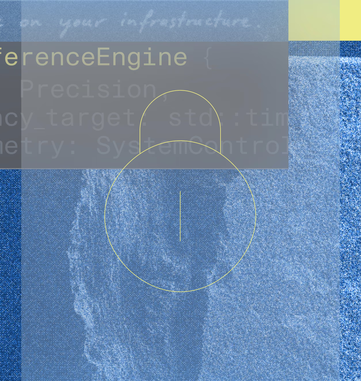 Abstract blue textured background with a faint yellow outline of a padlock in the center and partially visible blurred programming text behind a translucent gray box near the top.