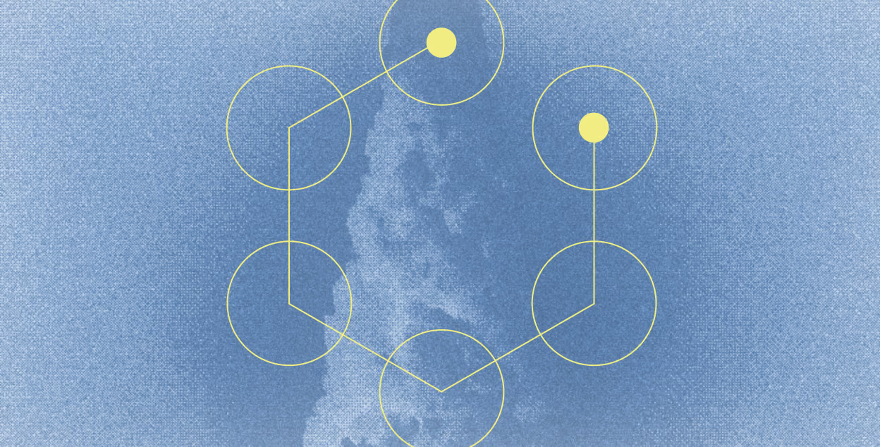 Abstract image with a blue textured background and a thin yellow hexagonal line connecting five yellow circles, two of which are filled.