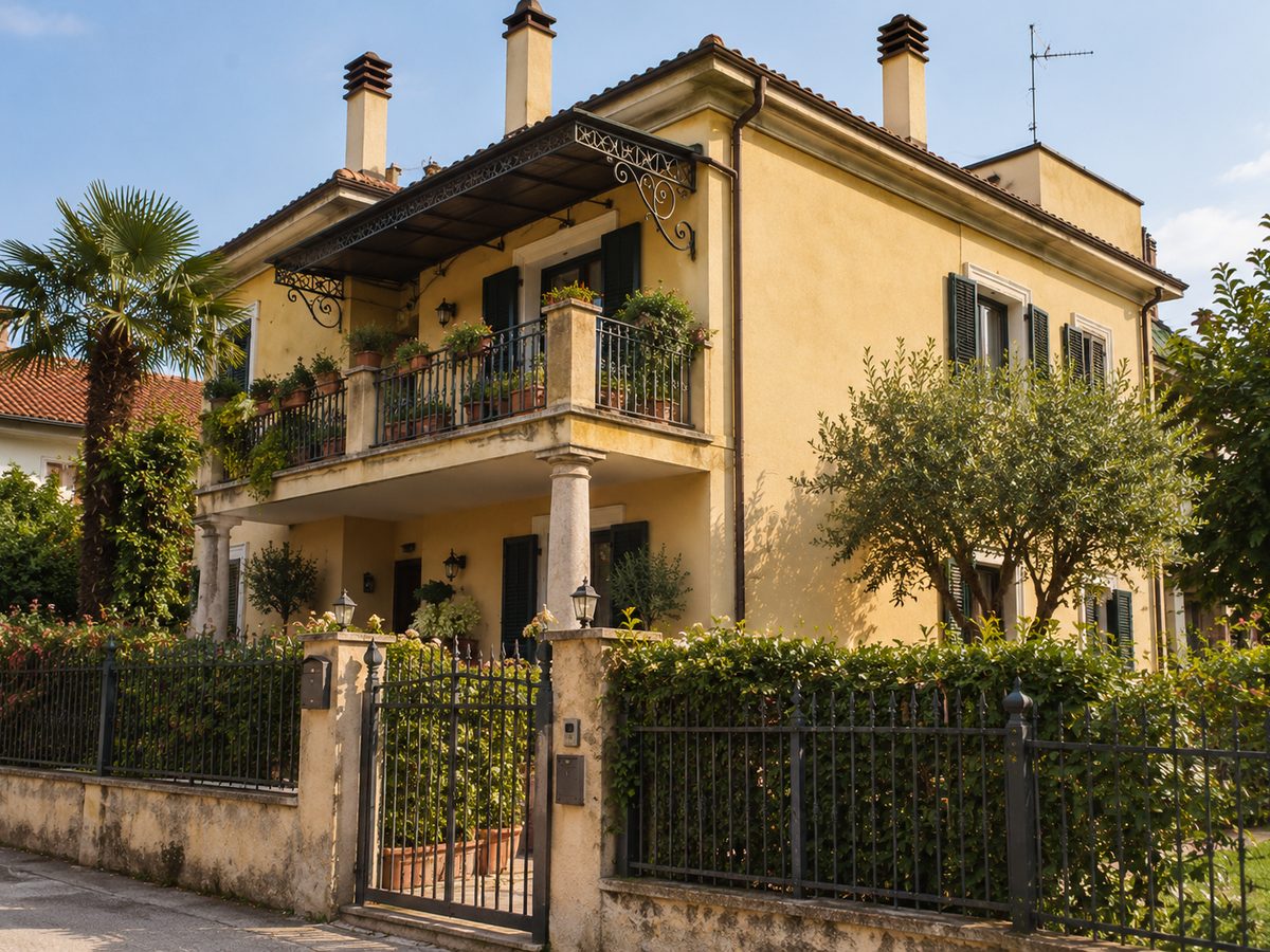 Villa gialla con balcone e giardino