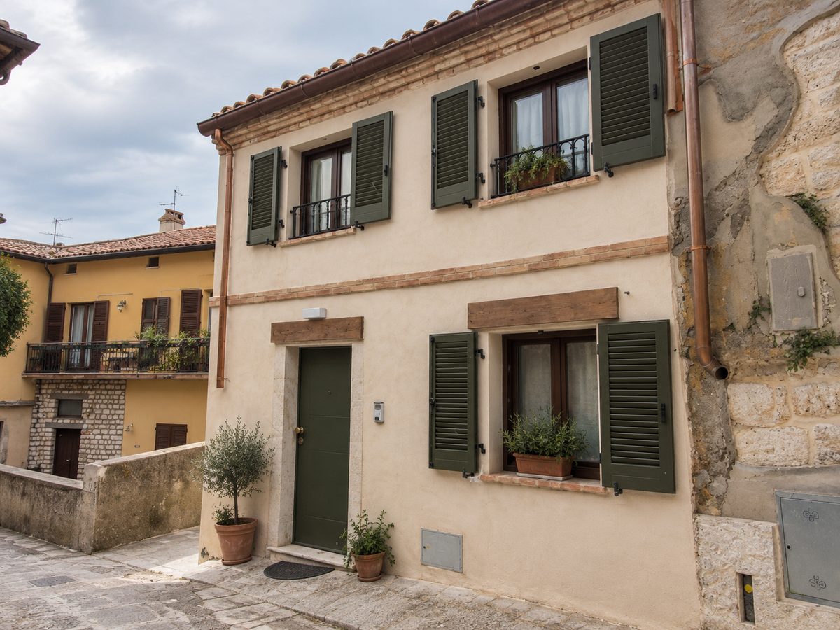 Casa di borgo con persiane verdi