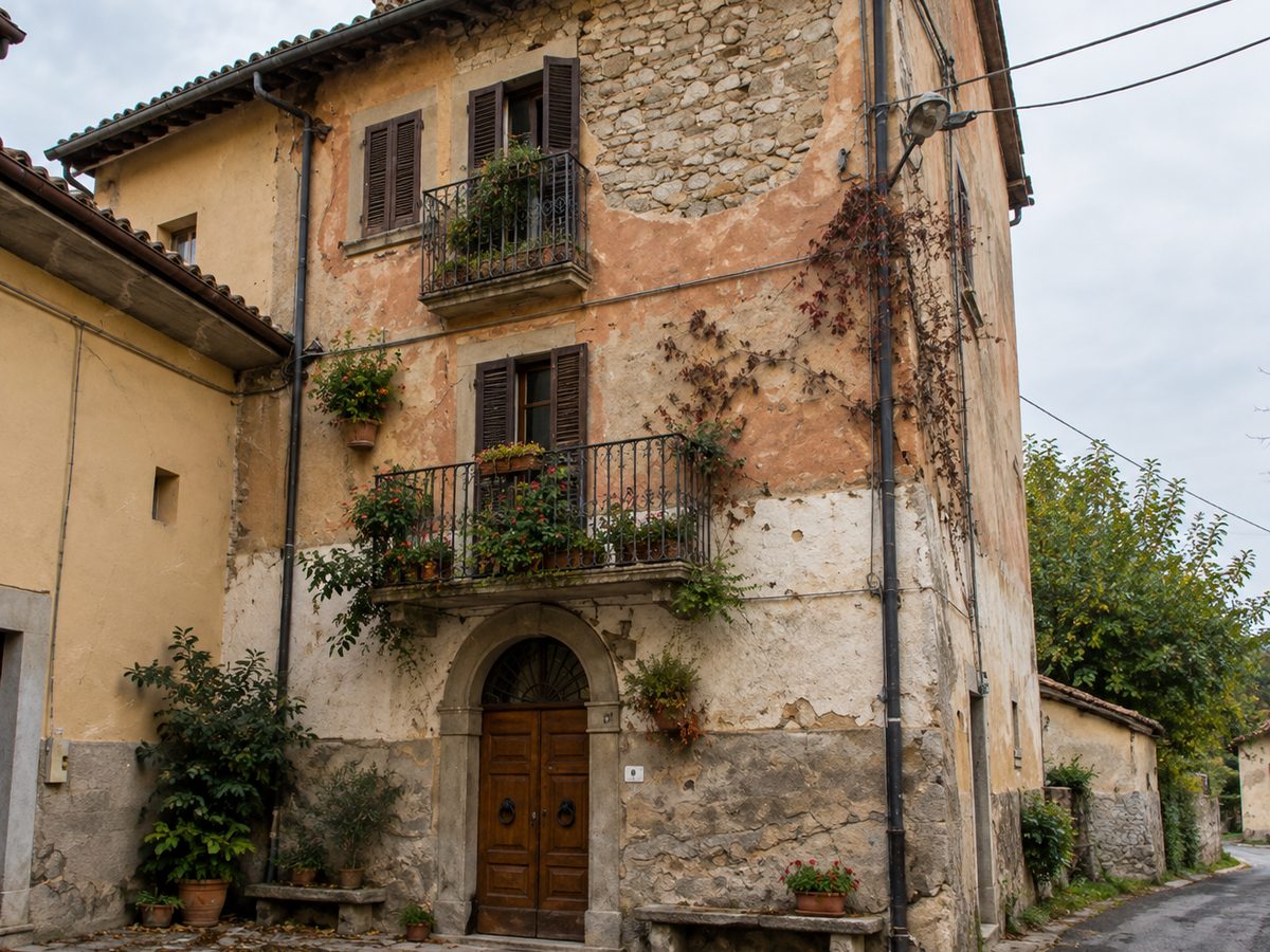 Casa in pietra con portone ad arco e balconi in ferro