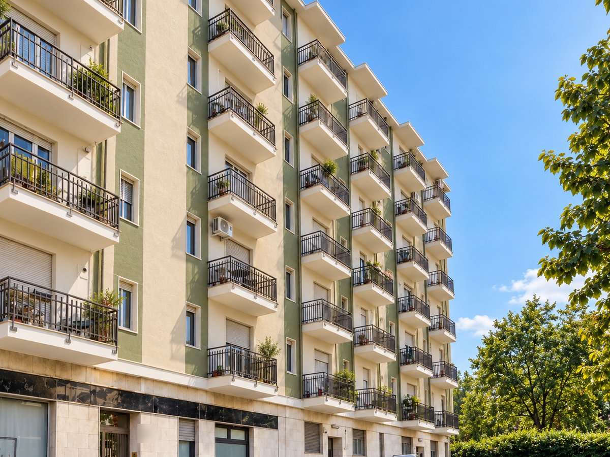 Condominio con facciata beige e verde e balconi in ferro battuto