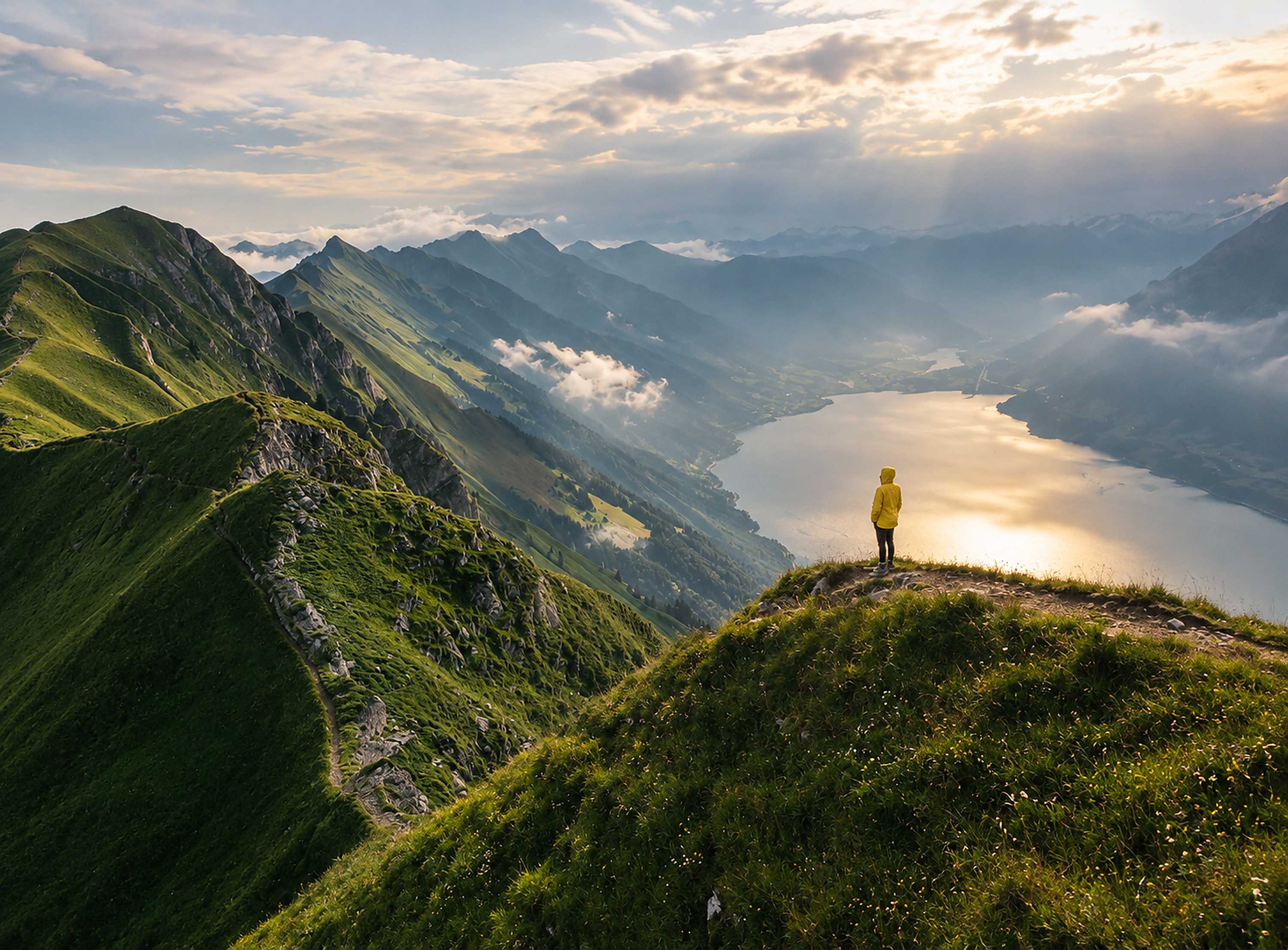 A hiker in a yellow jacket on a mountain ridge overlooking a lake at sunrise