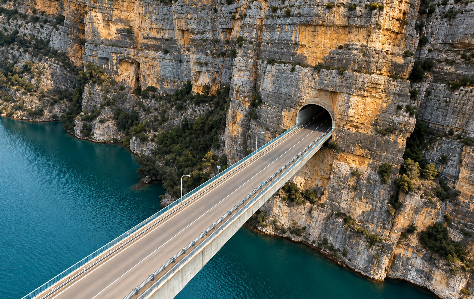 A bridge over a turquoise gorge leading into a cliffside tunnel