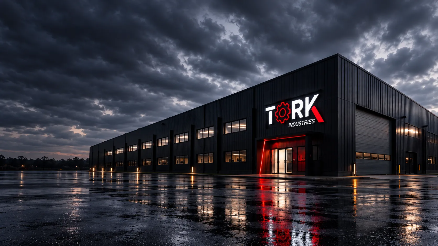 Visualização conceptual de um edifício industrial com a marca TORK Industries