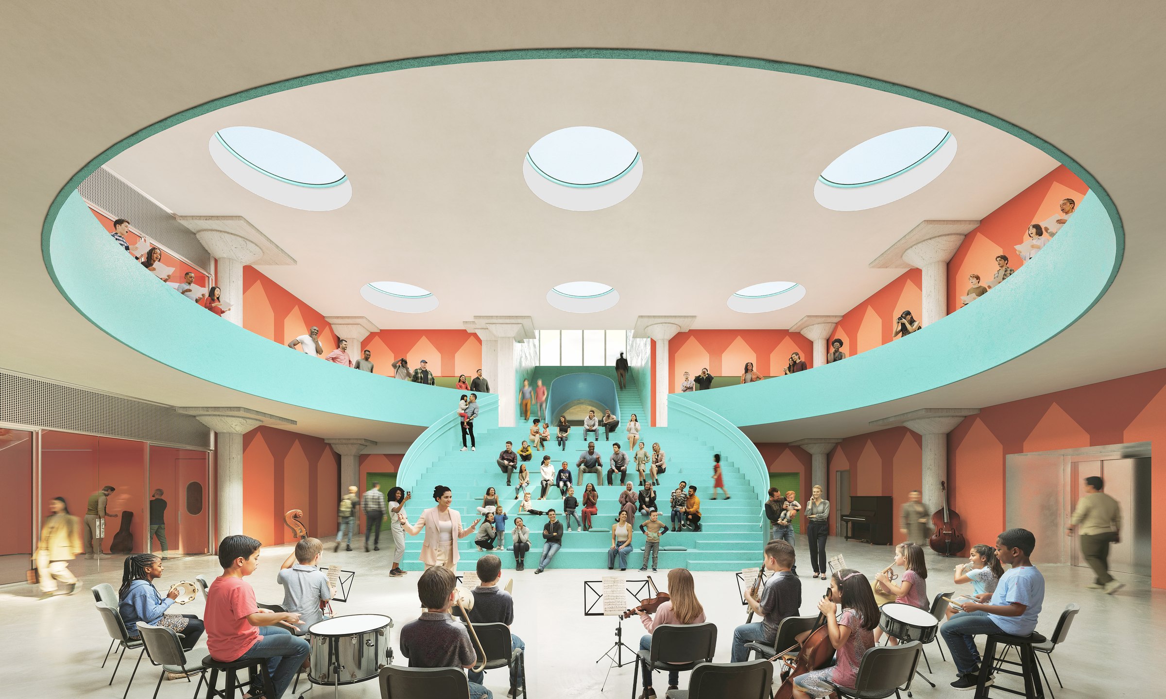 Imagen del comedor y sala de presentaciones de FLAMA con su escalera central