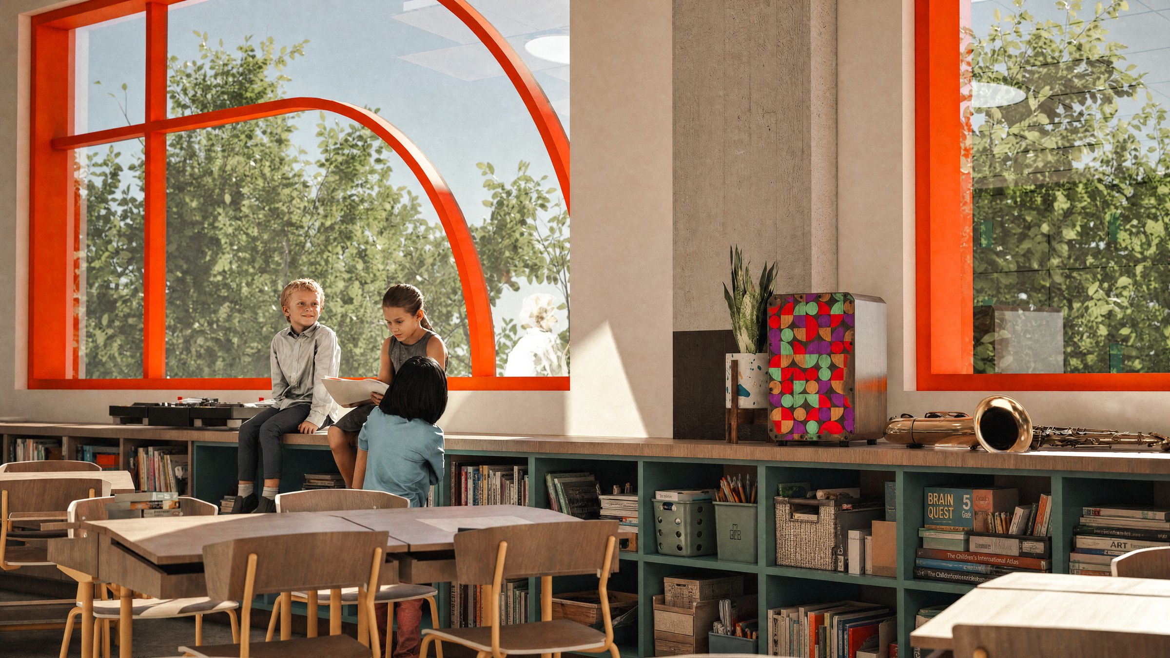 Rendering of students reading by the arched windows of a FLAMA classroom