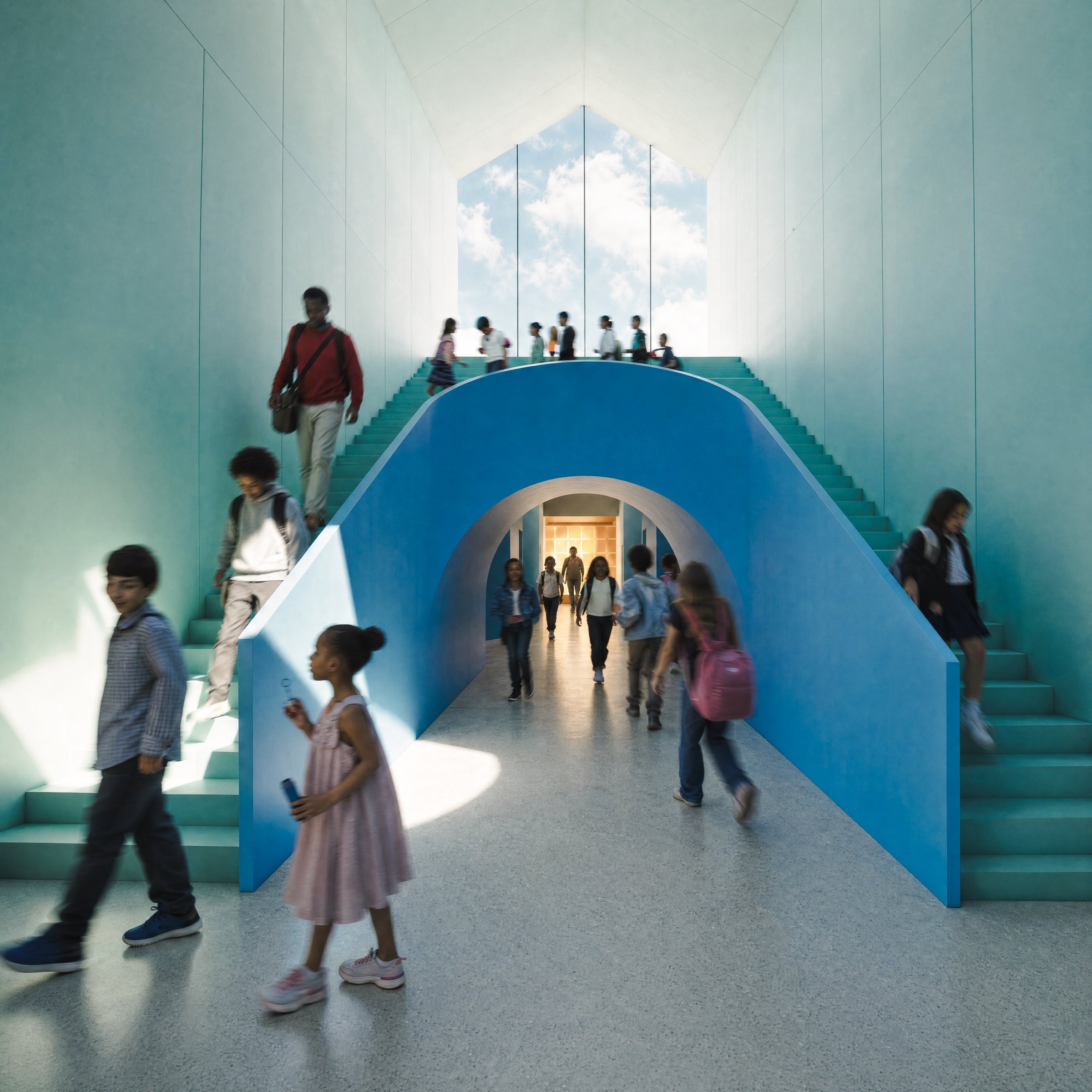 Rendering of the blue arched stair on Level 3 at FLAMA