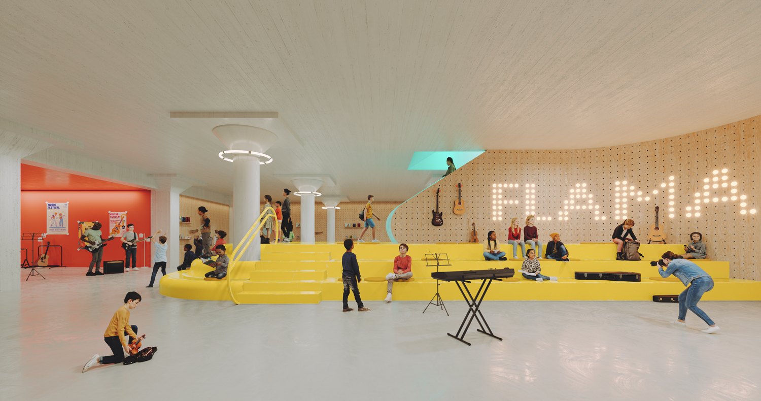 Representación arquitectónica de un espacio de presentaciones de FLAMA con gradas amarillas, estudiantes con instrumentos y FLAMA escrito con luces