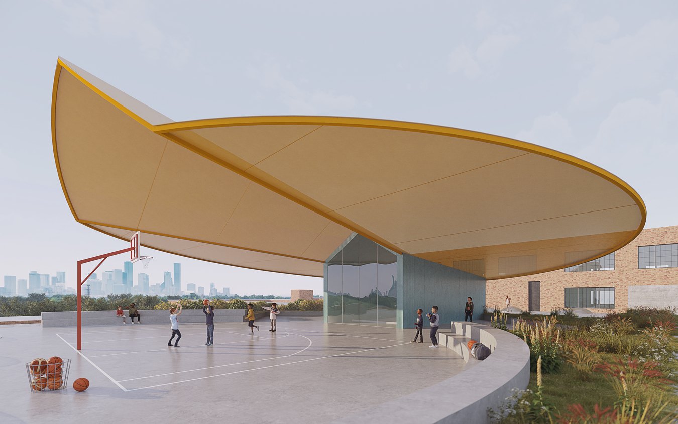 Representación arquitectónica de la terraza de FLAMA con una gran cubierta, una cancha de baloncesto y el centro de Houston al fondo
