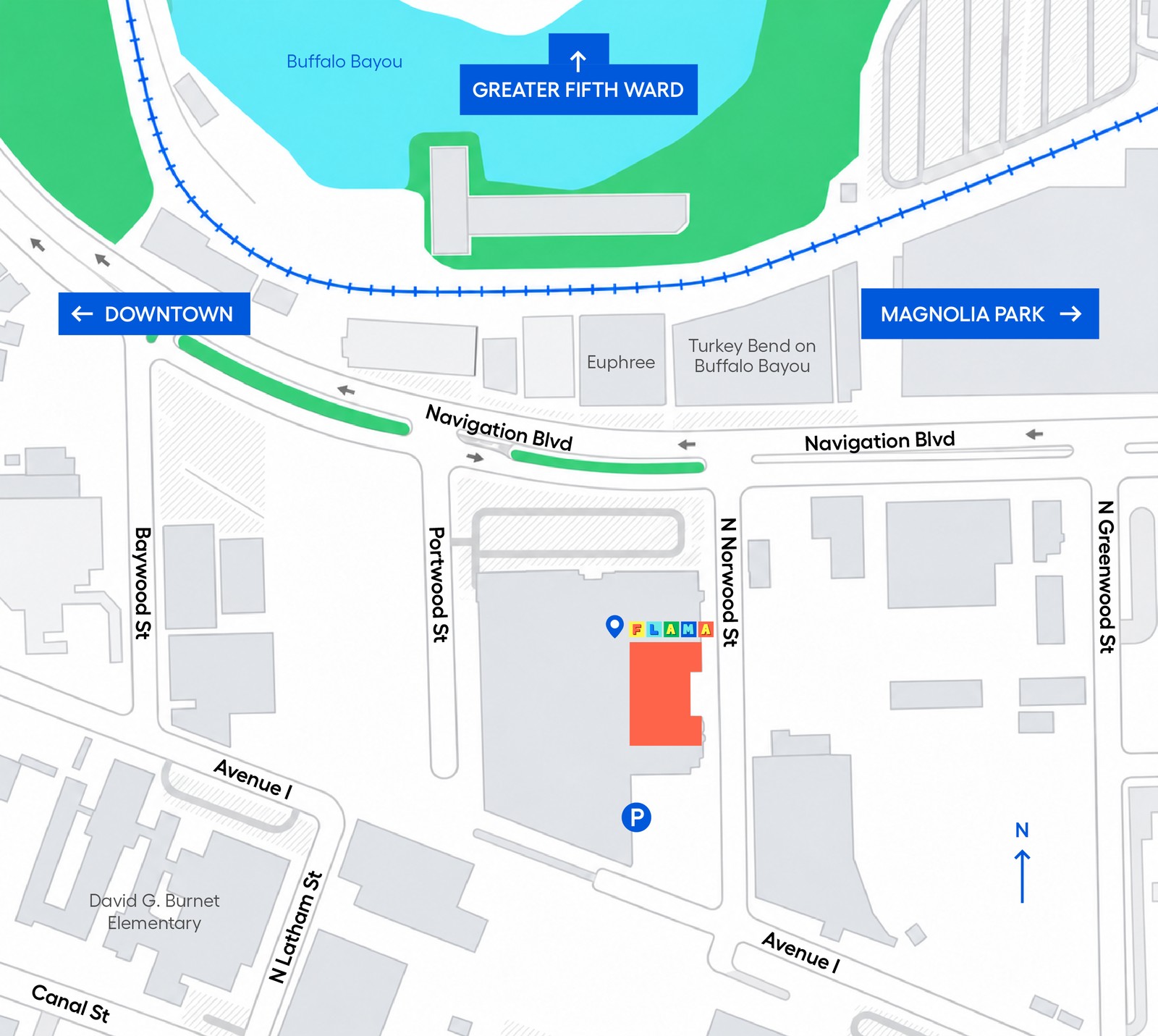 Mapa del campus de FLAMA en N. Norwood St. y Navigation Blvd., con estacionamiento, cerca de Turkey Bend en el Buffalo Bayou