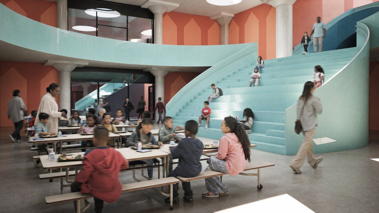 Rendering of students eating together beside a curving aqua staircase