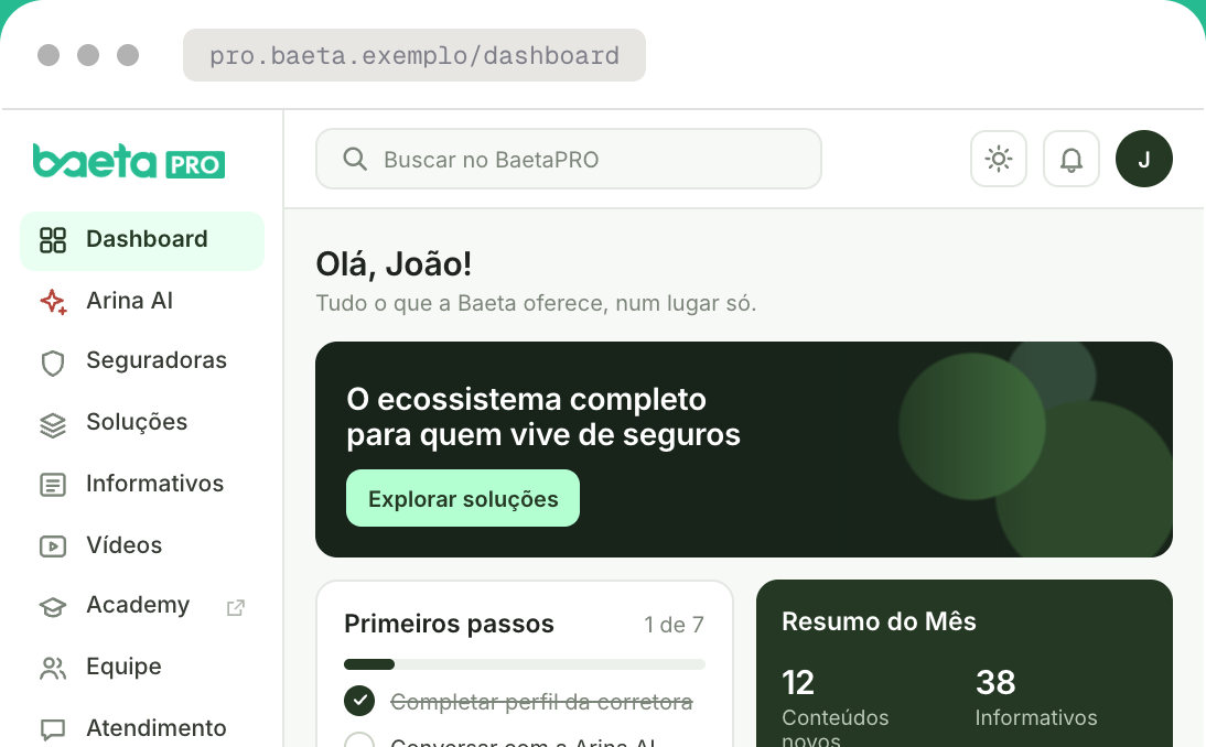 Dashboard do BaetaPRO com a saudação ao corretor, primeiros passos e resumo do mês