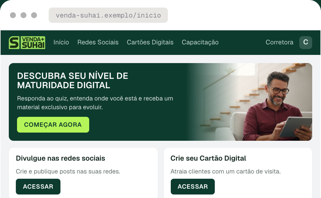 Tela inicial do Venda+ Suhai, com o quiz de maturidade digital e atalhos para redes sociais e cartão digital