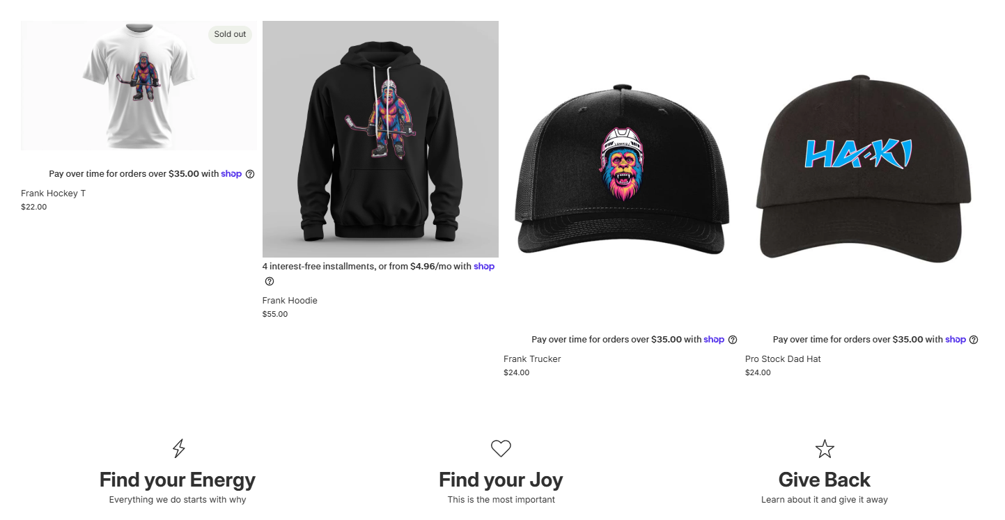 Ha-Ki online store showing branded gear for sale
