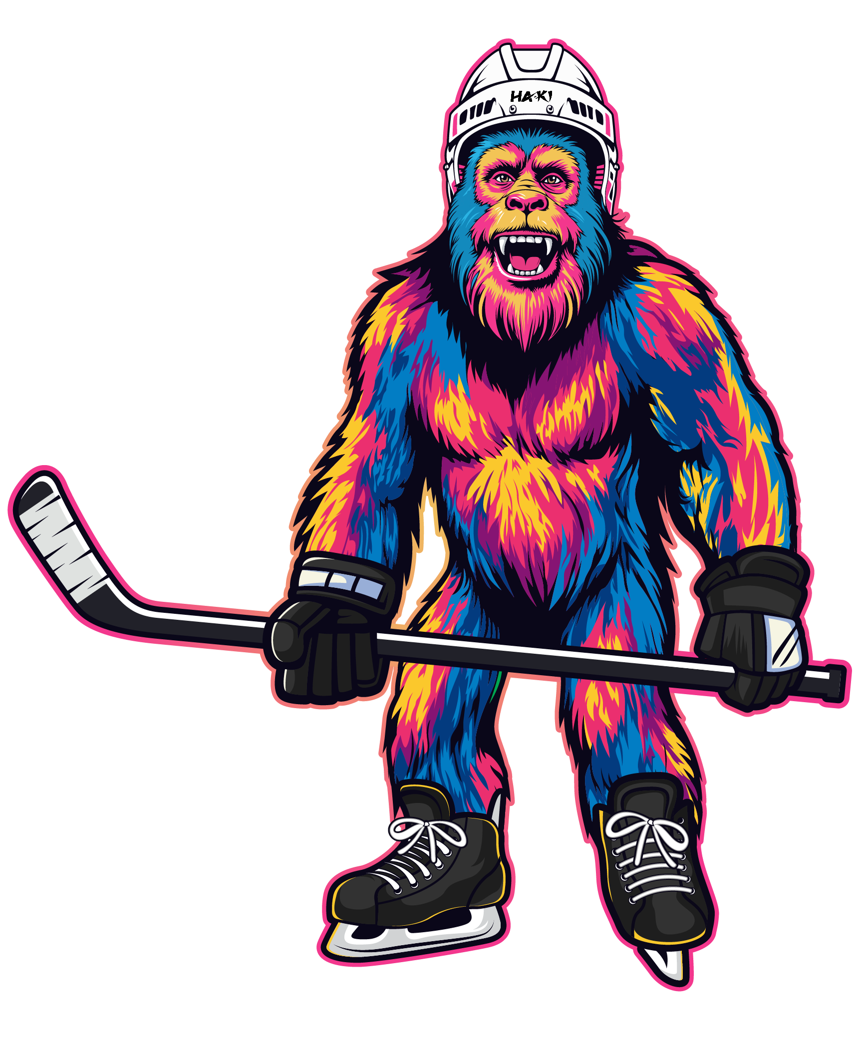 Frank, the Ha-Ki mascot, in hockey gear holding a stick