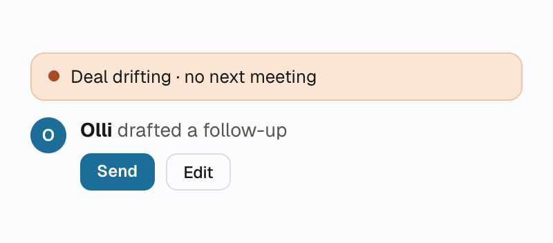 Deal drifting with no next meeting; Olli drafted a follow-up for the rep to send