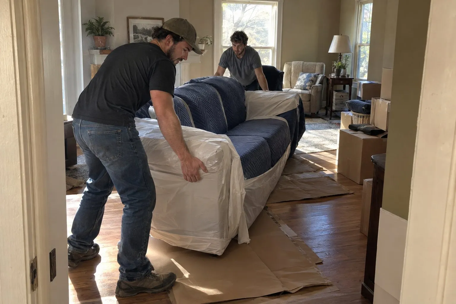 Two Labor Professionals moving a sofa protected with furniture pads across a floor covered with paper runners