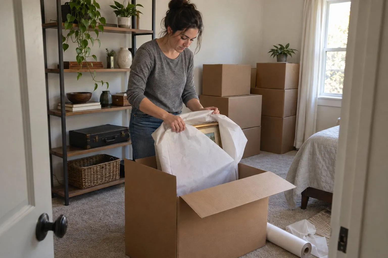 Woman wrapping a framed picture in packing paper beside open moving boxes in a bedroom