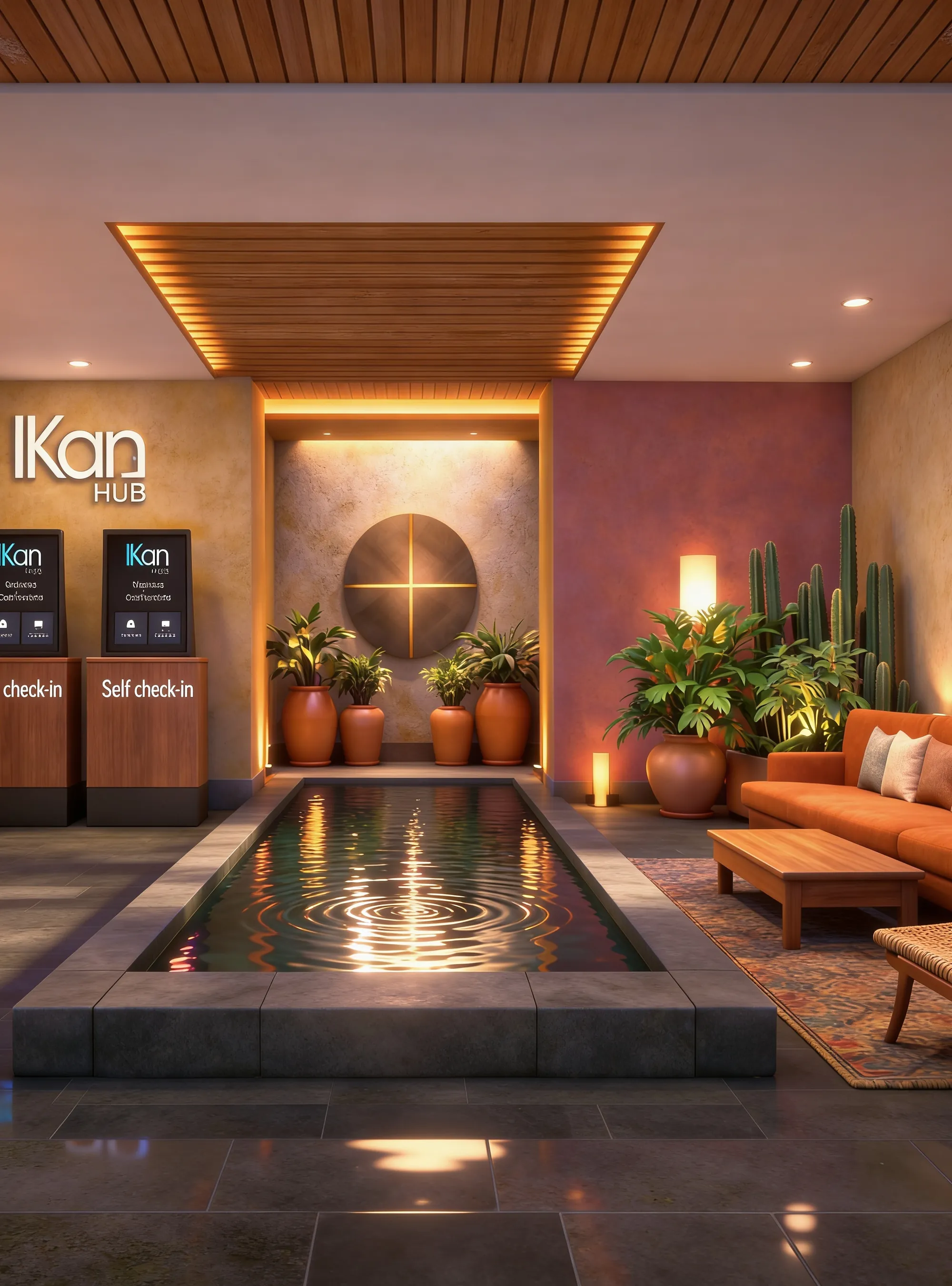Lobby con check-in autónomo en edificio IKAN HUB