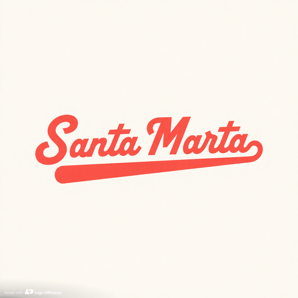 Santa Marta logo: the name in bold red joined script, with a swash from the last a sweeping back under the whole name, on a cream background