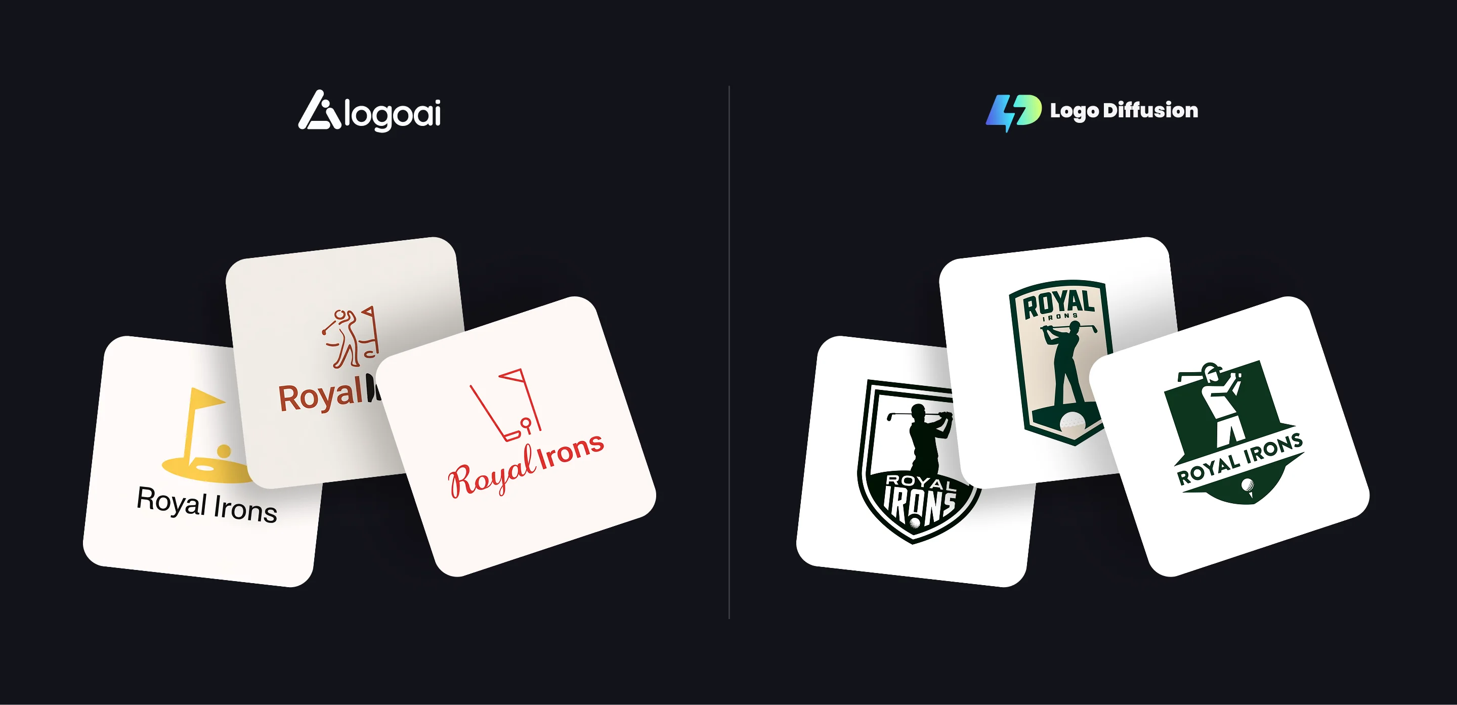 LogoAI vs Logo Diffusion comparison showing Royal Irons logo variations side by side