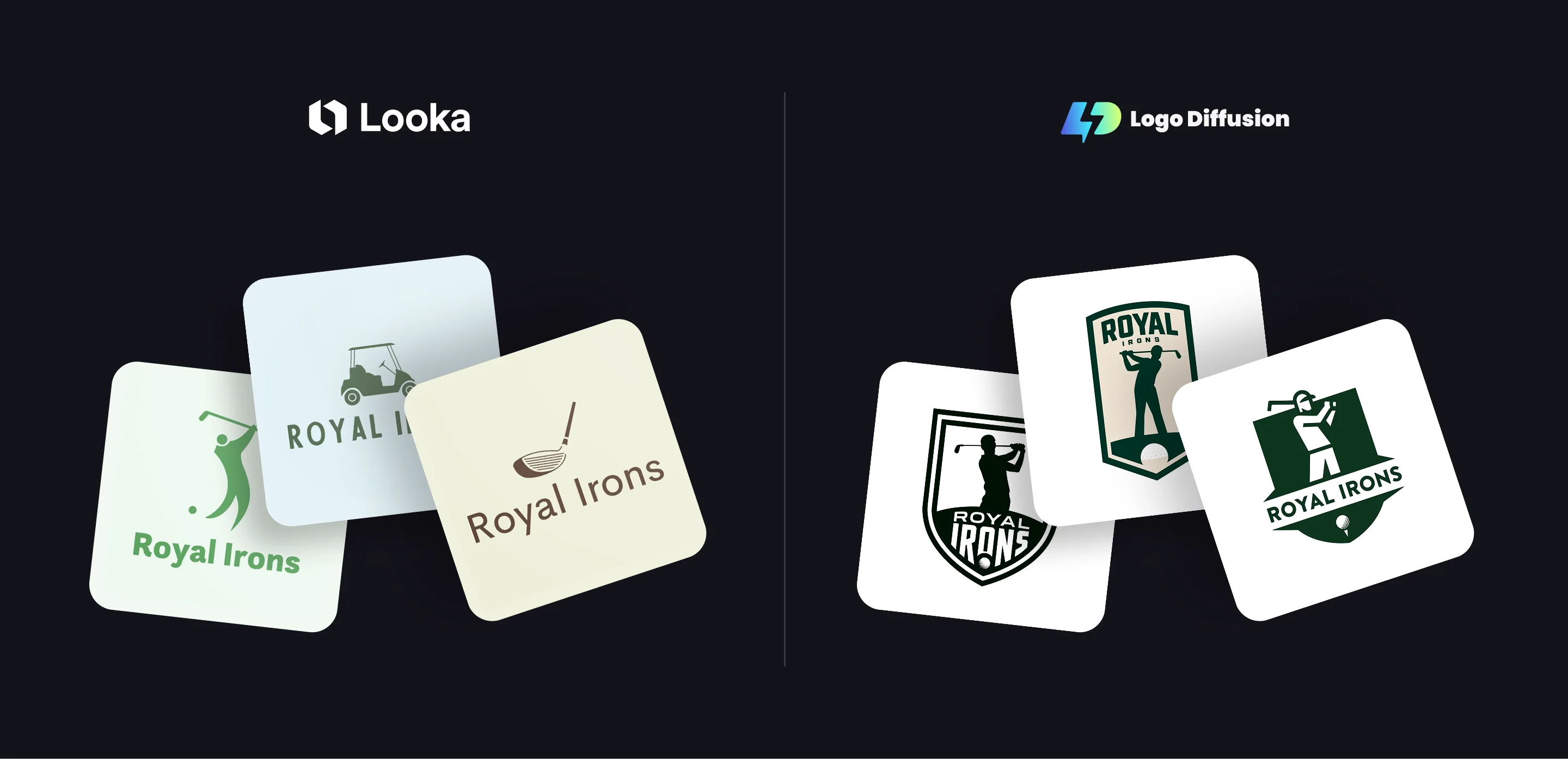 Looka vs Logo Diffusion comparison showing Royal Irons logo concepts side by side