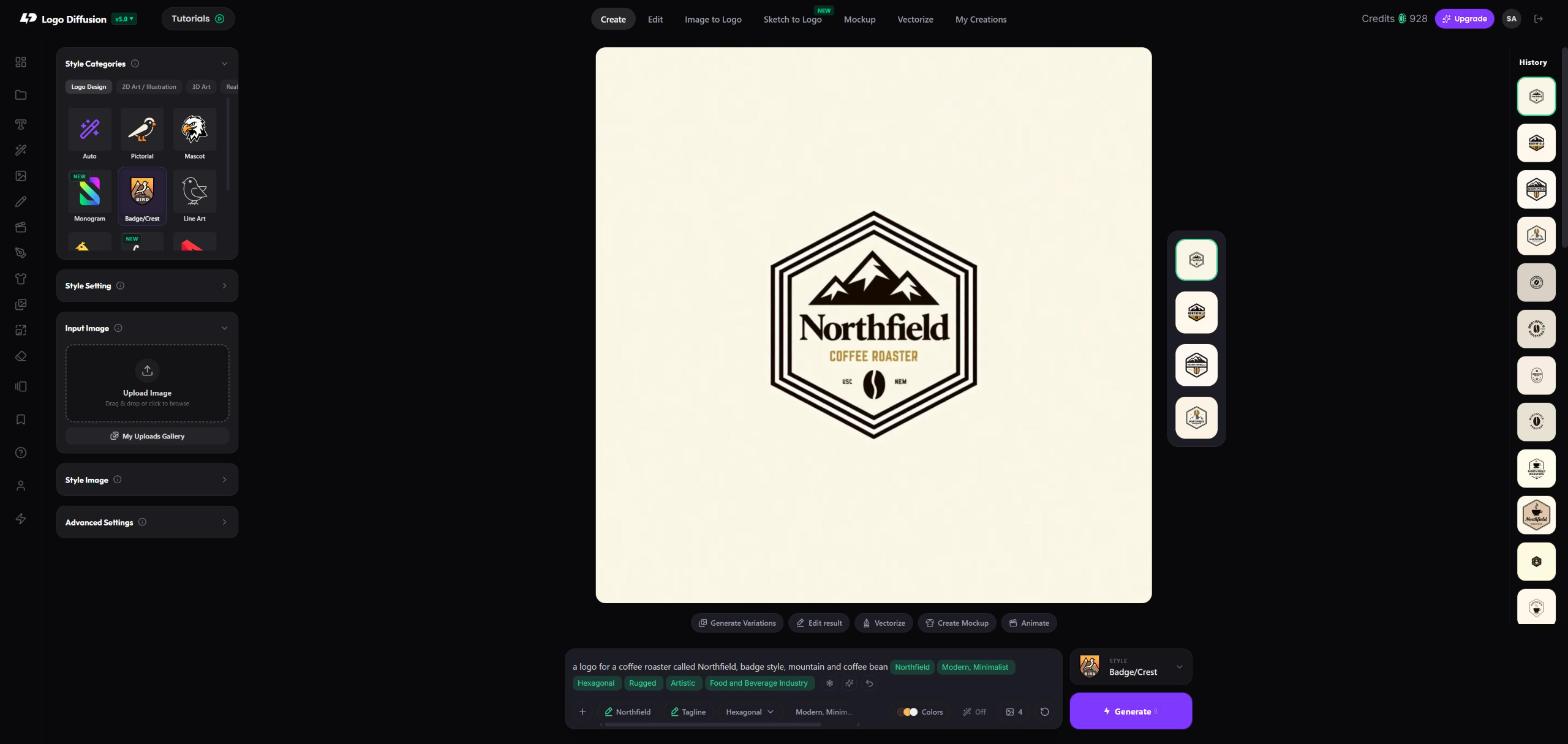 Logo Diffusion Text to Logo workspace showing a black hexagon Northfield coffee badge with a mountain and a coffee bean, with all four options in a column beside it