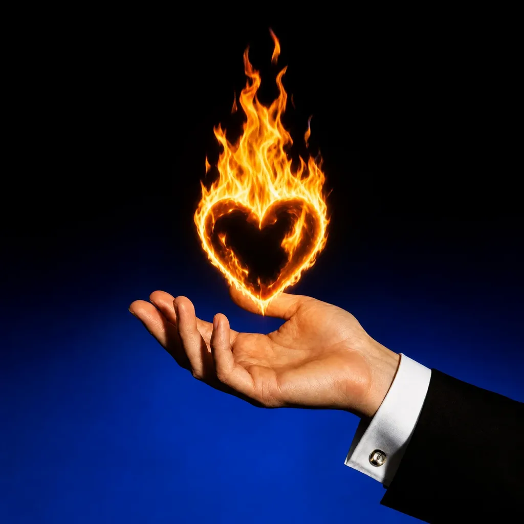 A hand holding a flaming heart photo
