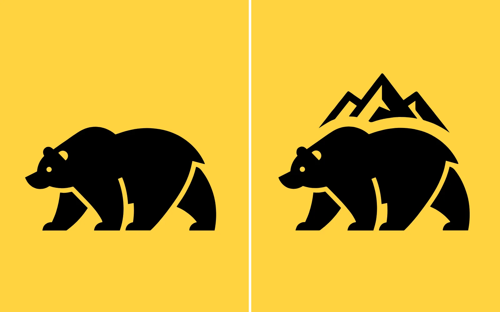 A walking bear logo, and the same bear with mountain peaks added and nothing else changed