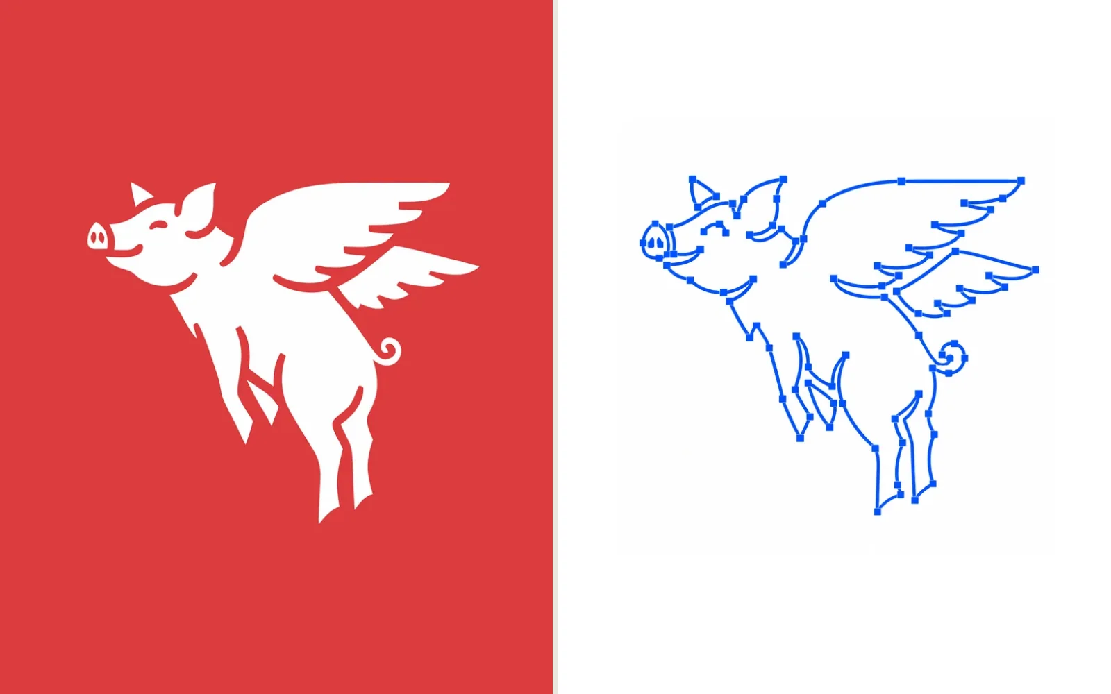 A finished logo next to the same logo as vector paths with anchor points