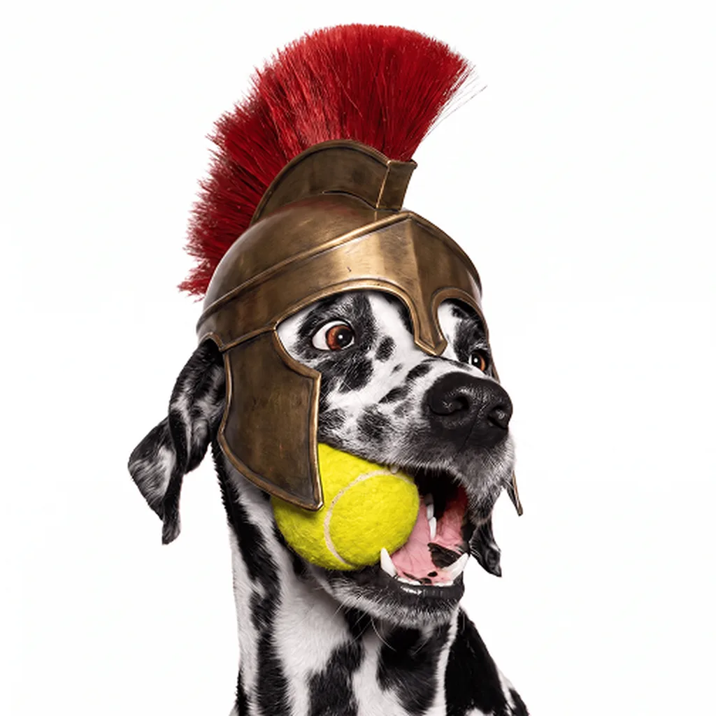 A dalmatian in a gladiator helmet photo