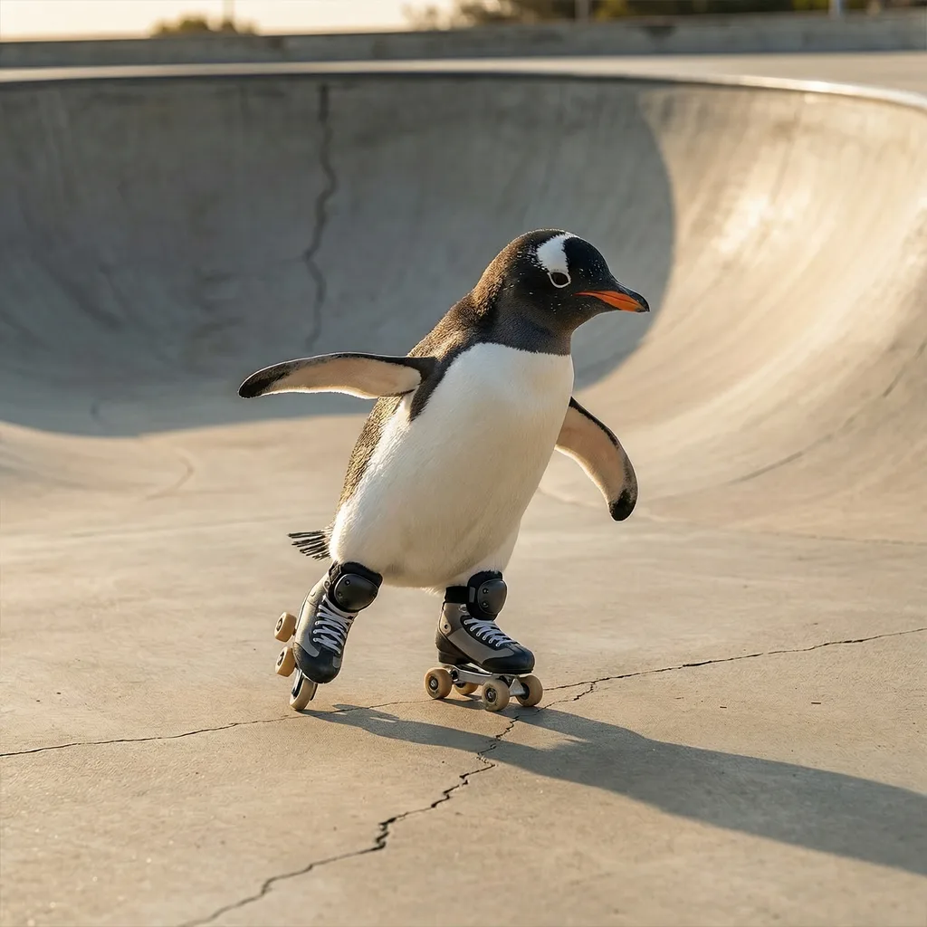 A penguin on roller skates photo