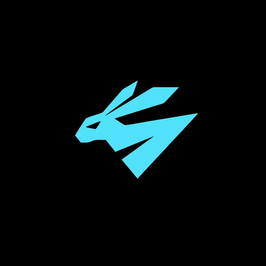 A cyan rabbit logo on black