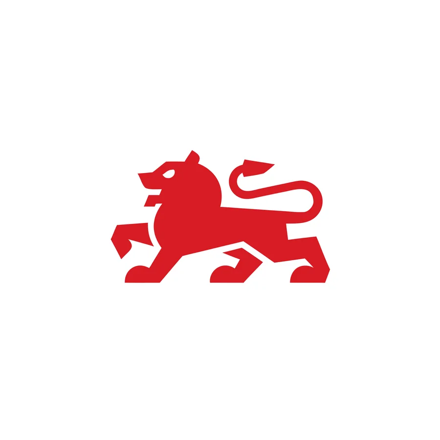 A red walking-lion logo