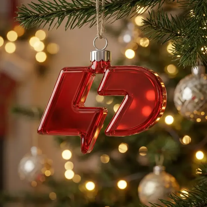 The same logo as a glass holiday ornament