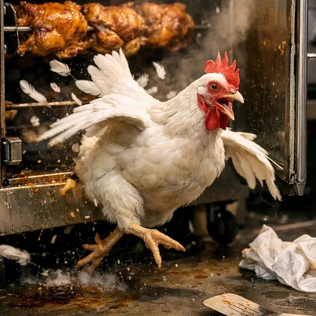 A chicken bolting out of a kitchen photo