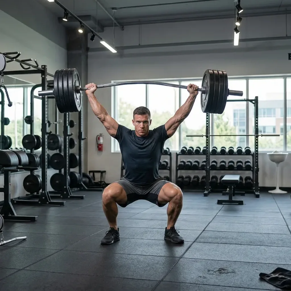 A weightlifter mid-squat photo