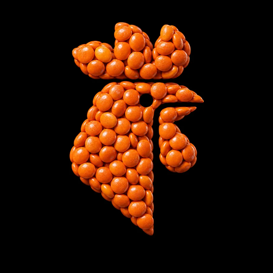 The rooster made from candy shells