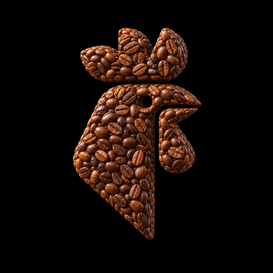 The rooster made from coffee beans