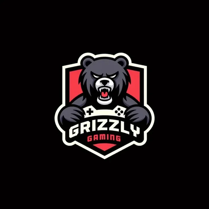 Grizzly Gaming esports logo: a roaring bear holding a game controller on a red shield, on black