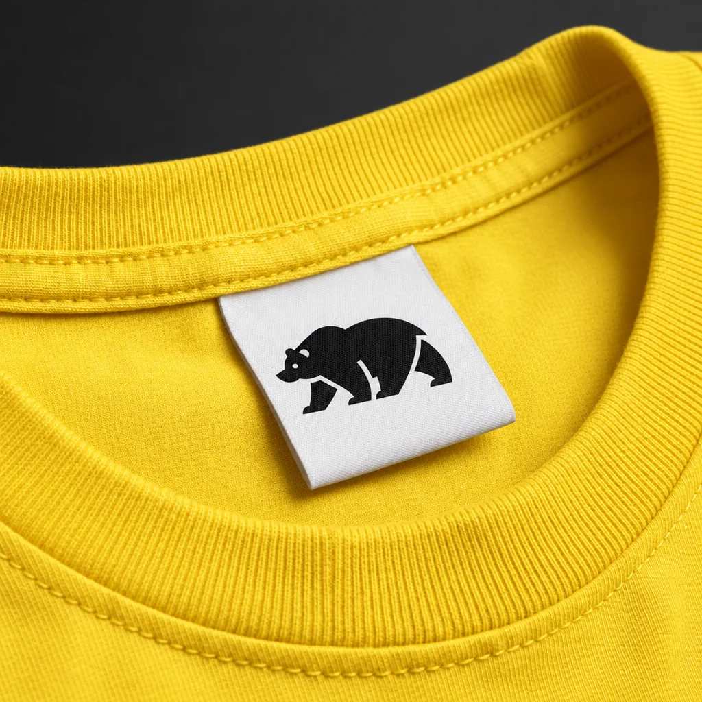 The bear logo woven onto a shirt label, on a yellow shirt