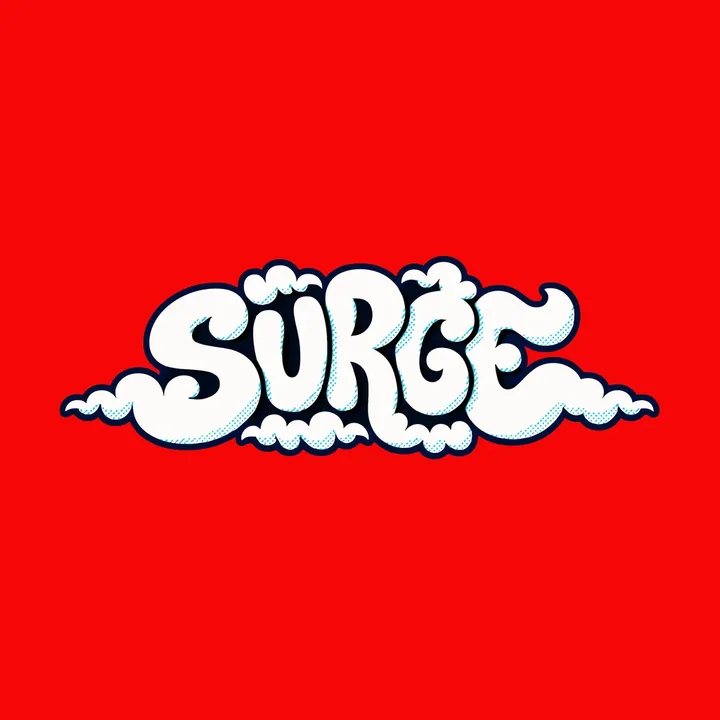 The word Surge in white cloud lettering on red