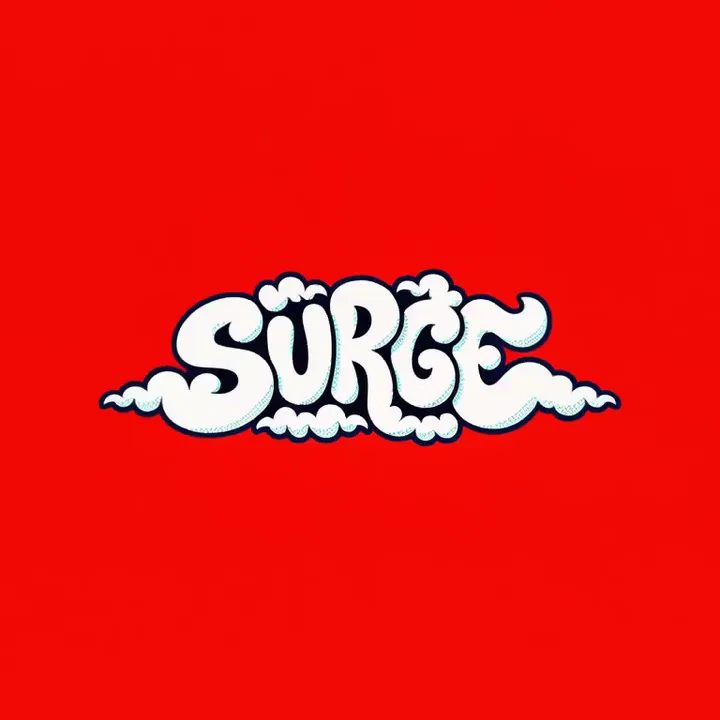 The Surge logo: white bubbly letters on red
