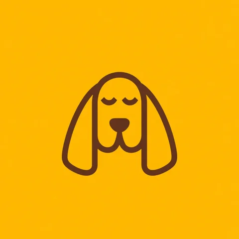A line-drawn dog face logo in brown on orange